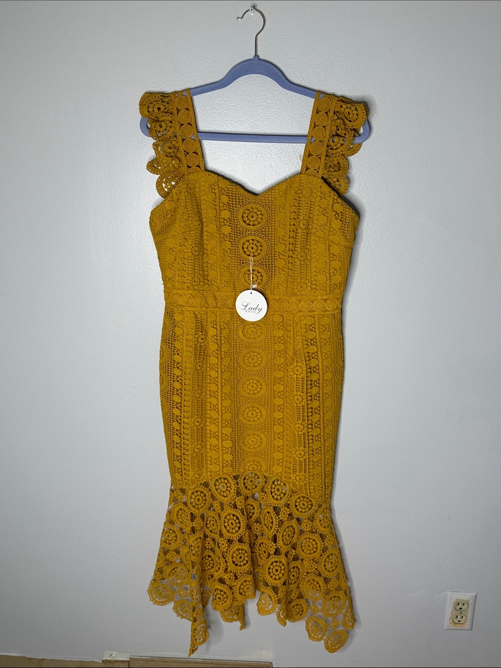 Lady Black Tie Mustard Crochet Lace Midi Dress Size 10/XL